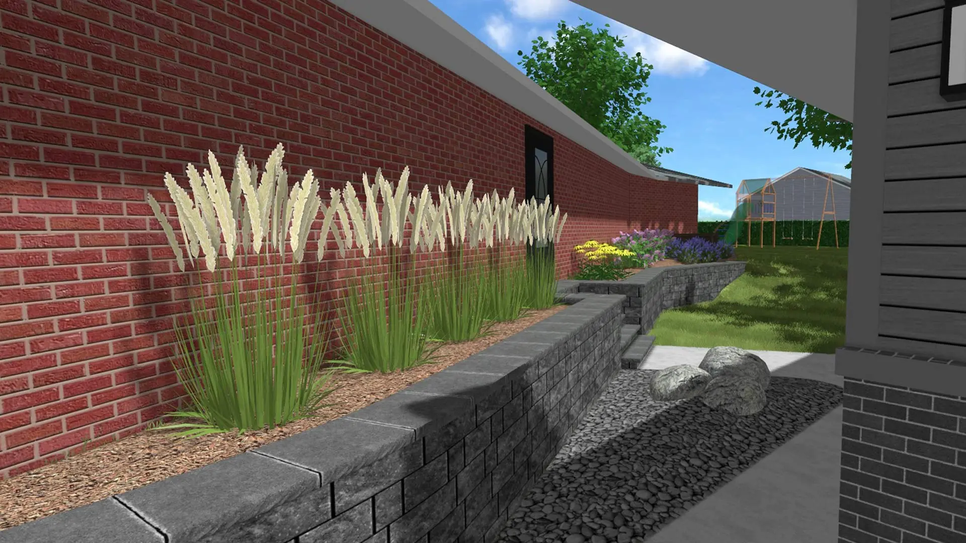Design rendering of a retaining wall with plantings in Millard, NE.