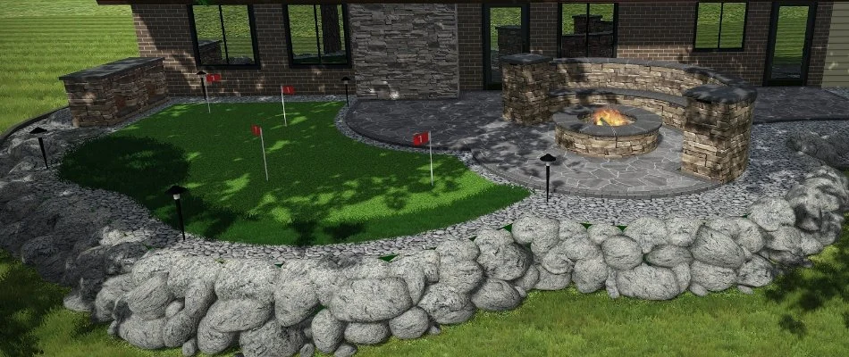 3D design rendering of outdoor space in Omaha, NE, with putting green, fire pit, and seating wall.