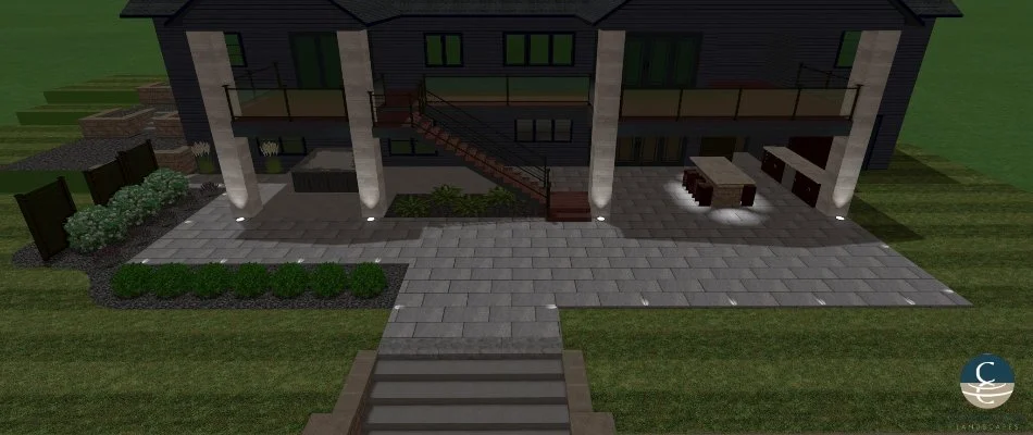 A 3D design rendering of a backyard patio in Omaha, NE, at night with outdoor lighting.