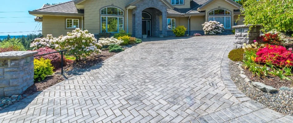 Flowers along a paver driveway in Omaha, NE.