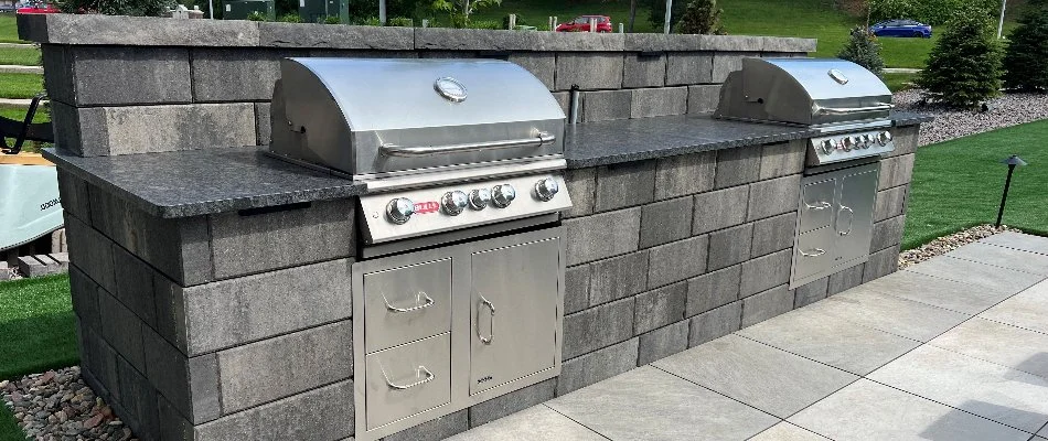 Outdoor kitchen in Omaha, NE, with stainless steel appliances.