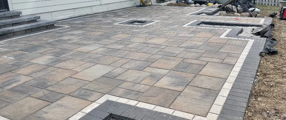 A paver patio construction in progress in Omaha, NE.