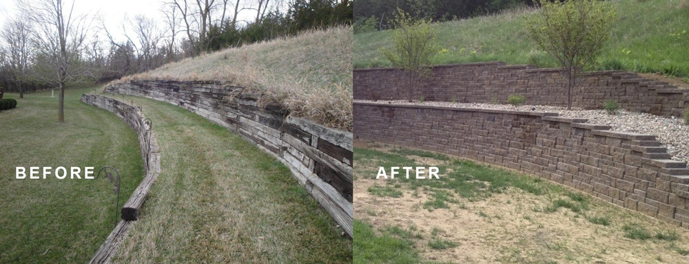 Retaining wall before and after photos.