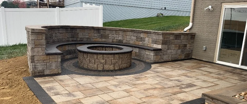 Seating wall around a fire pit in Omaha, NE.