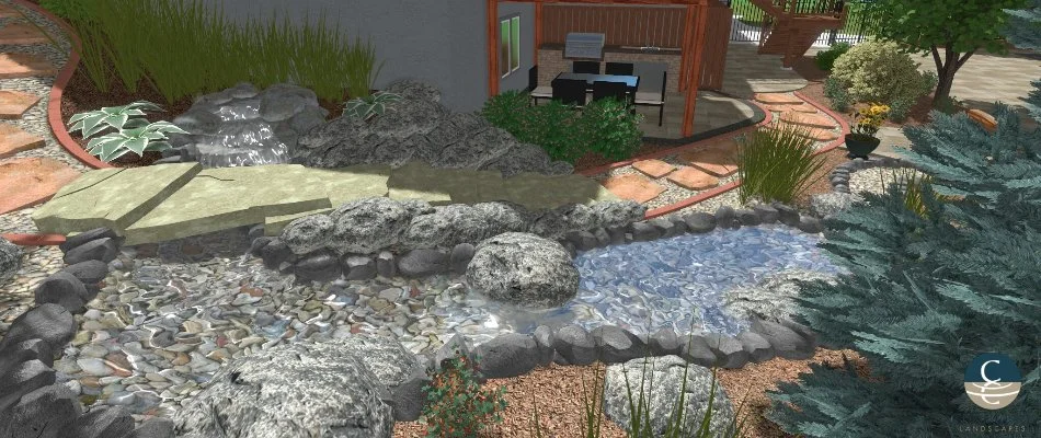 A 3D design rendering of a water feature in Omaha, NE, with a walkway.