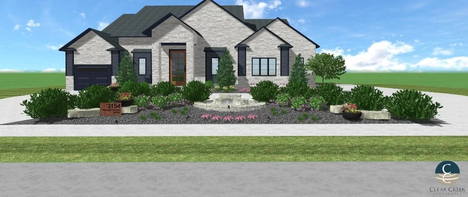 3D design rendering of landscaping in front of a home in Omaha, NE.