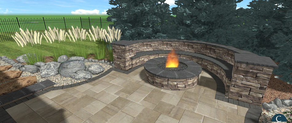 3d design rendering of a fire pit and patio in Valley, NE.