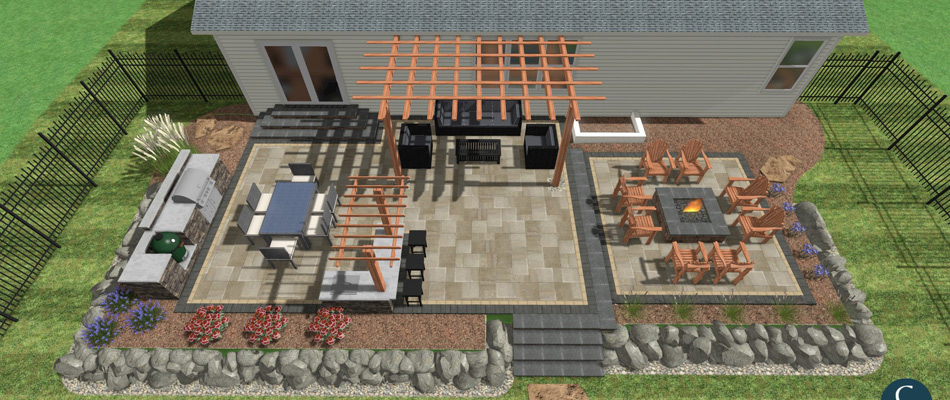 An aerial shot of design rendering with patio, outdoor kitchen, pergola, and fire pit installed in La Vista, NE.