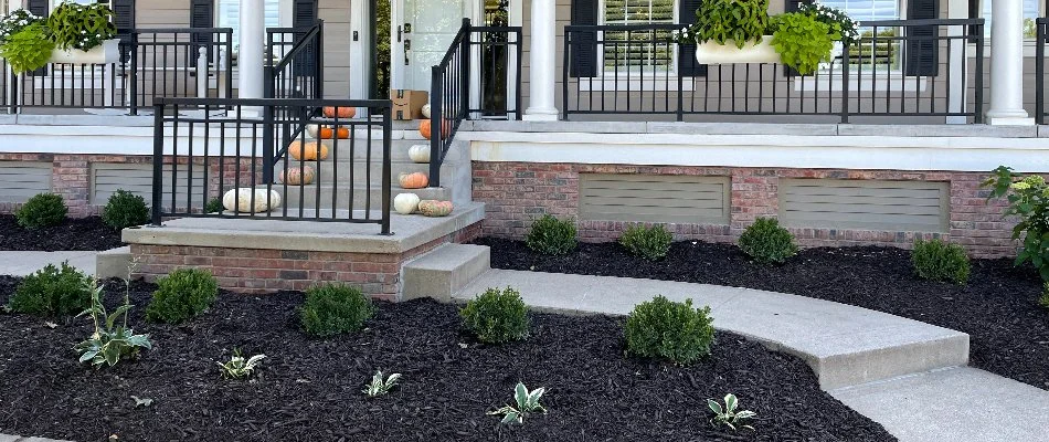 A landscape bed in from of a home in Gretna, NE, with plants and mulch.