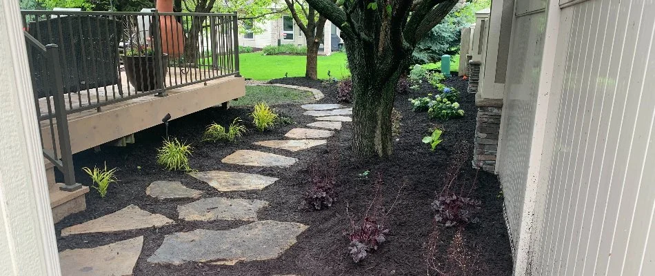 Mulch in a landscape bed on a property in Omaha, NE.