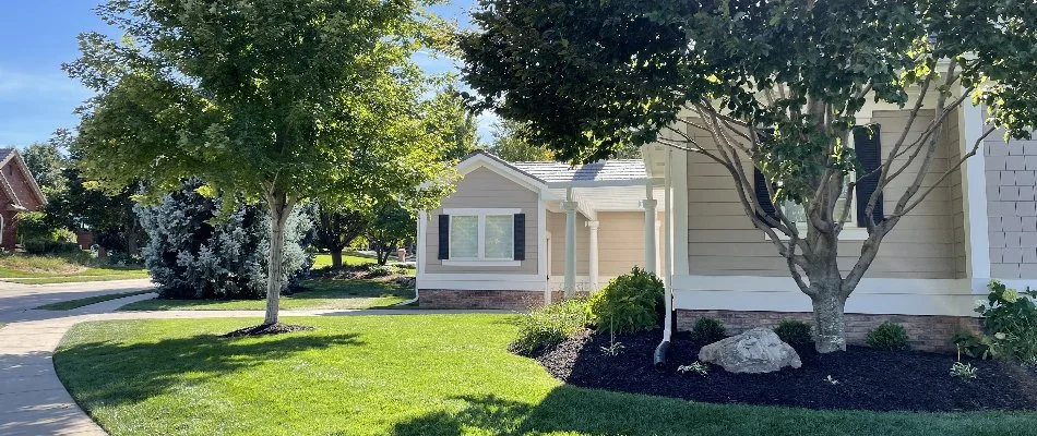 Lawn and landscape with trees in a front yard in Waverly, NE.