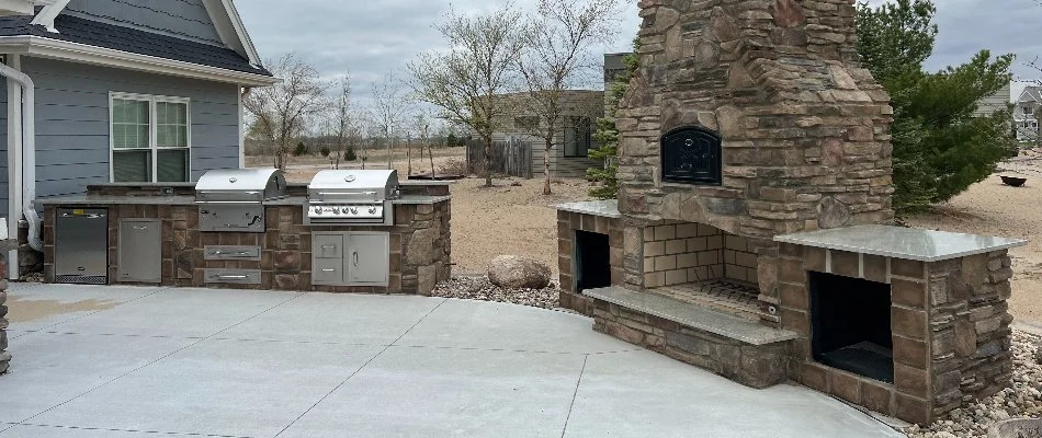 Outdoor kitchen and outdoor fireplace in Missouri Valley, IA.