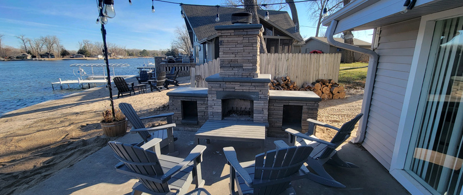Outdoor fireplace installed over patio in Valley, NE.
