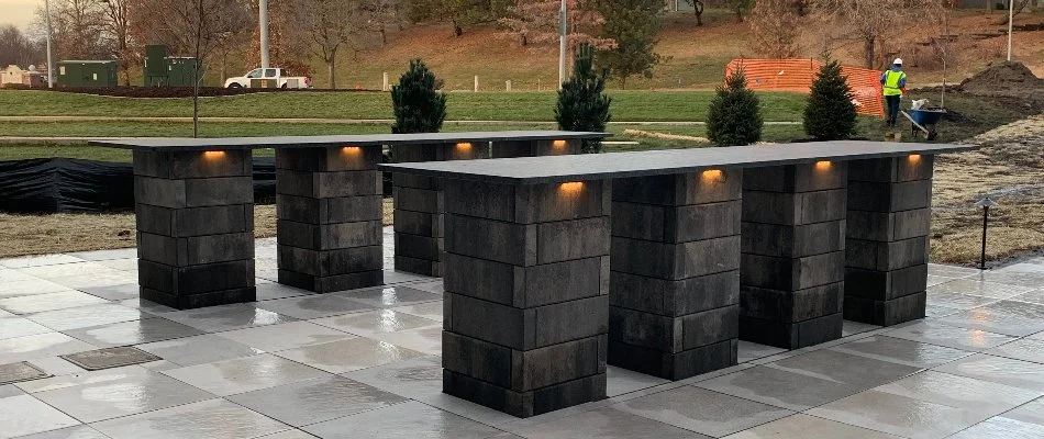 Slate tables built for outdoor living space in Bennington, NE.