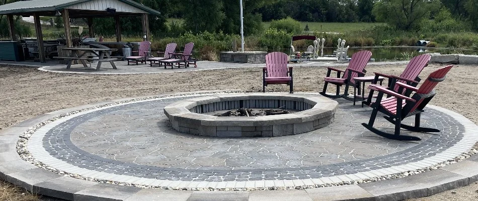 Patio with fire pit and chairs in Waverly, NE.