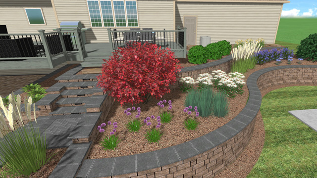 Rendering of plantings and softscape in a retaining wall in Omaha, NE.