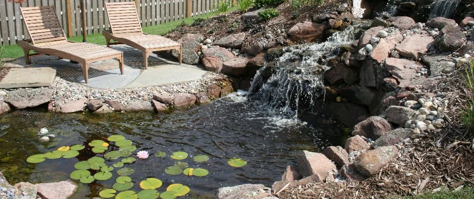 Waterfall water feature in Louisville, NE, with aquatic plants.