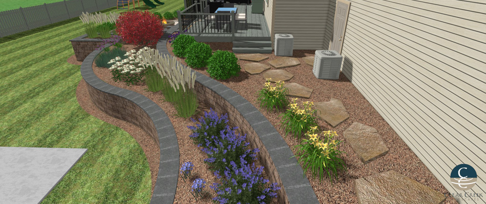 Design rendering of a retaining wall project with plantings in Millard, NE.